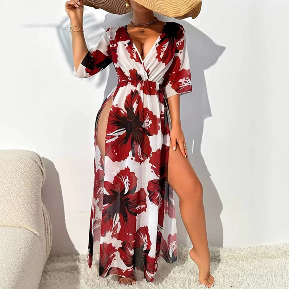 Tops - ZARA 4 Way Stretch Floral Print Slit Beach Cover Up Dress